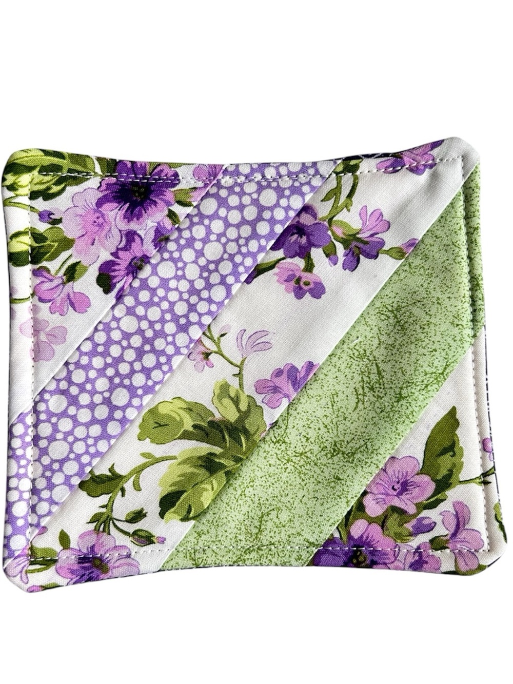 Hand Crafted Purple Green Floral Quilted Coaster Mug Rug Cotton - Picture 7 of 7
